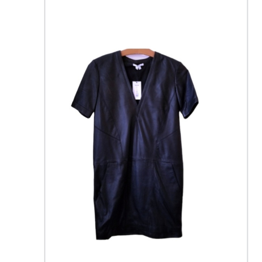 New Sz P Helmut Lang Black Leather Shift Dress